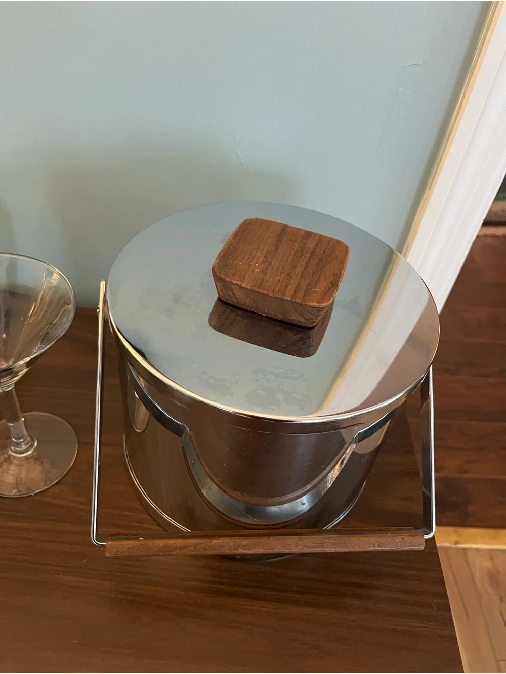 Kromex Stainless Steel Vintage Ice Bucket Teak Wood Hand And Knob MCM